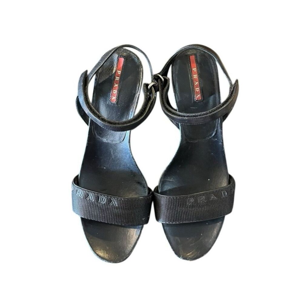 Prada Ladies Size 7.5 Black Leather Platform Sandals Block Heel  Ankle Strap Vtg
